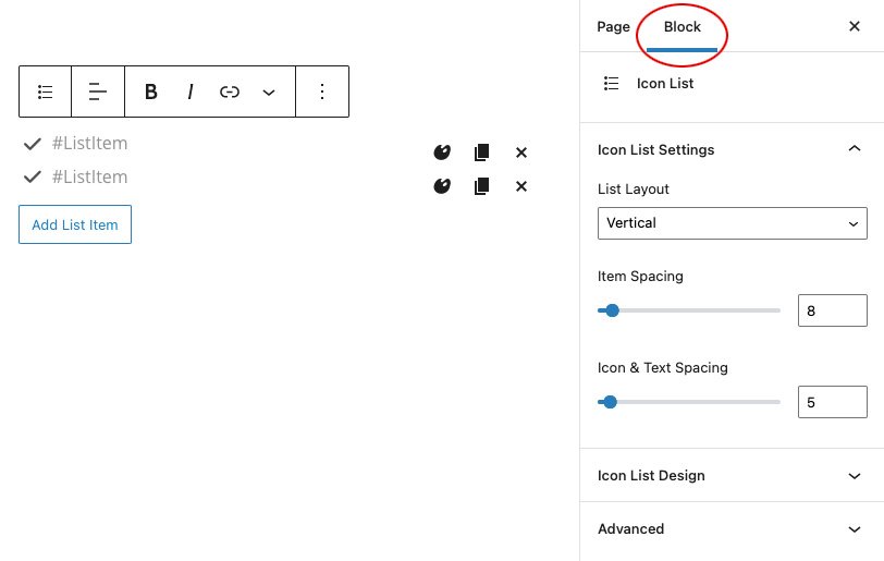 Blockons - View and edit the block settings