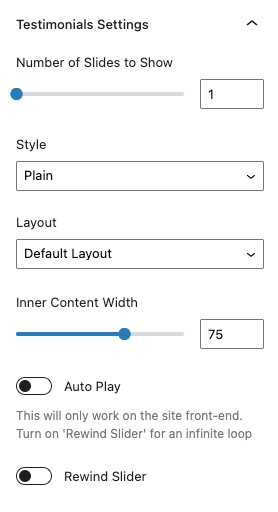 WordPress Testimonials block settings