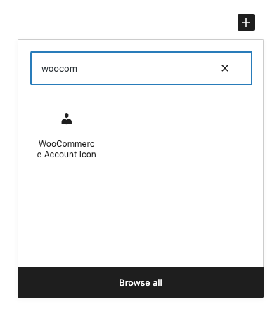 Adding the WooCommerce Account Icon Block from the WP editor