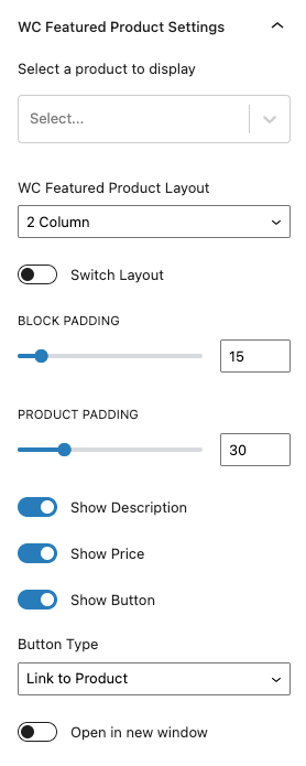 WooCommerce Featured Product block settings