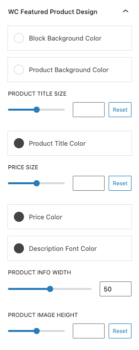 WooCommerce Featured Product block design settings