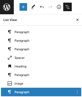 Block Editor list view of blocks