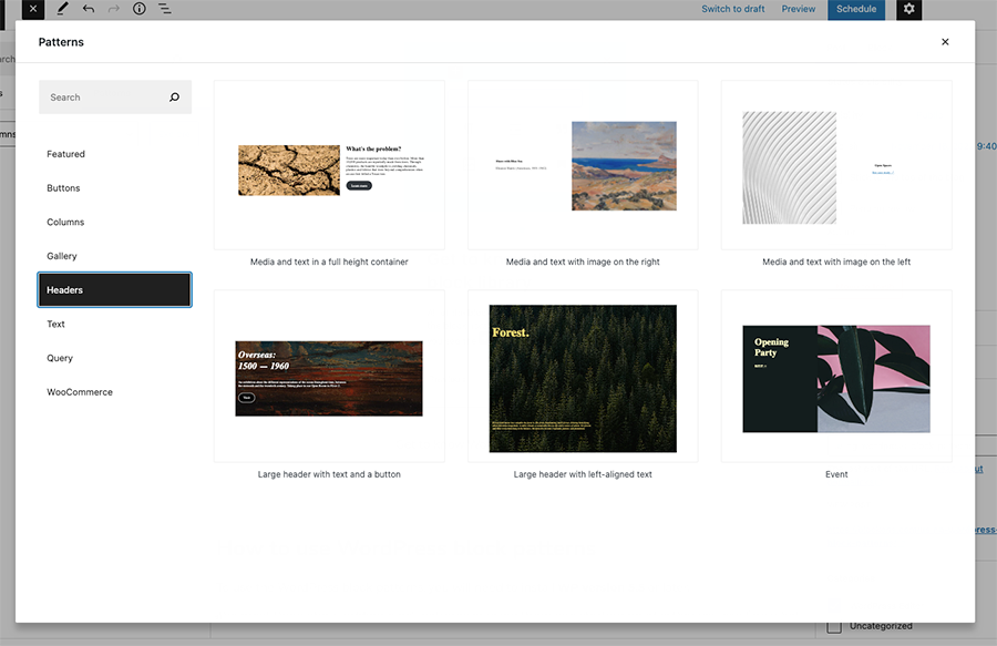 Browse the WordPress block patterns popup library
