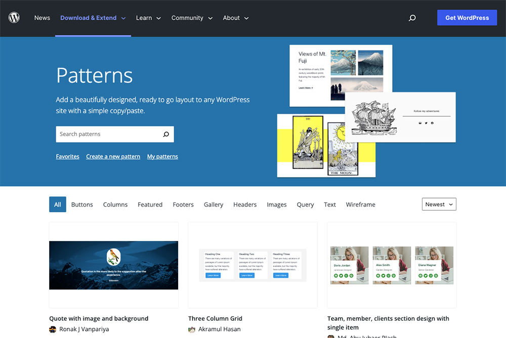The WordPress Patterns Directory on wp.org