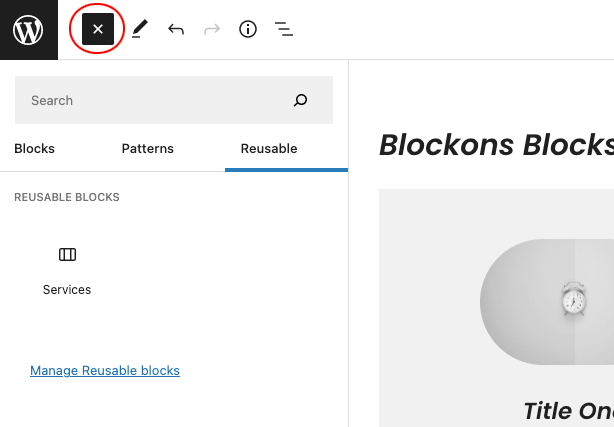 Your saved Reusable blocks in the blocks sidebar