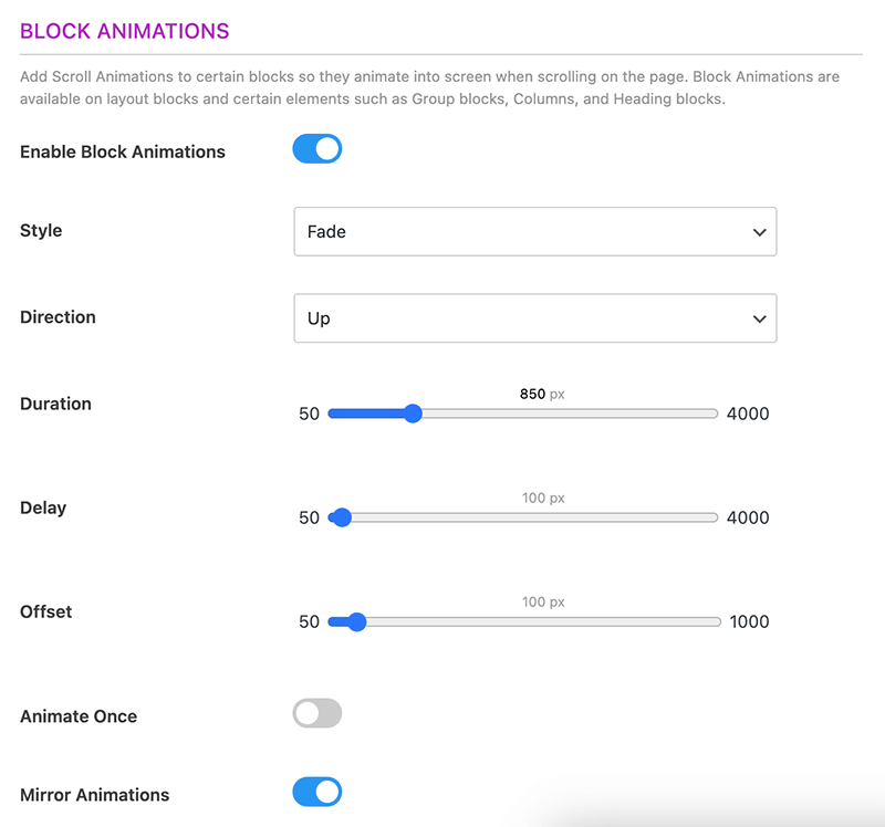 Blockons - Scroll animation settings for WordPress blocks